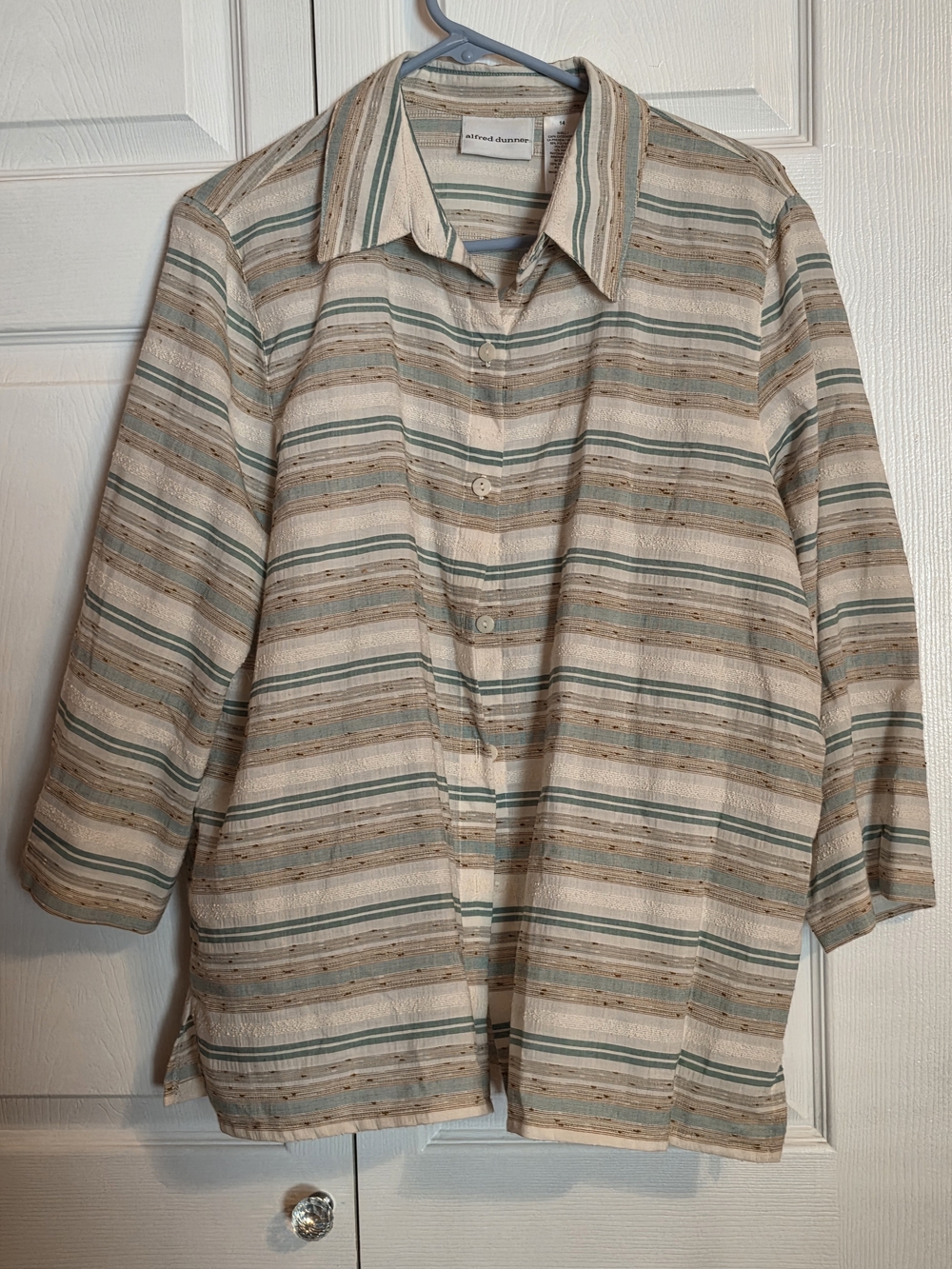 Alfred Dunner Cream Shirt with Green & Brown Stripes